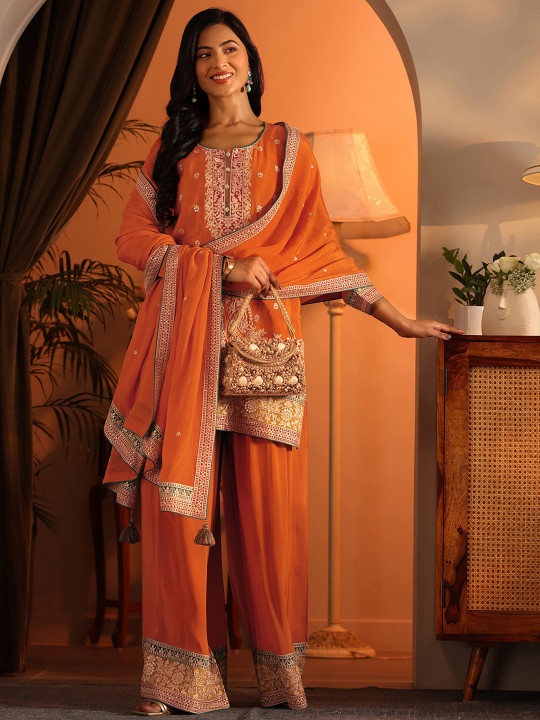 Libas Art Floral Embroidered Thread Work Chinon Straight Kurta With Palazzos & Dupatta