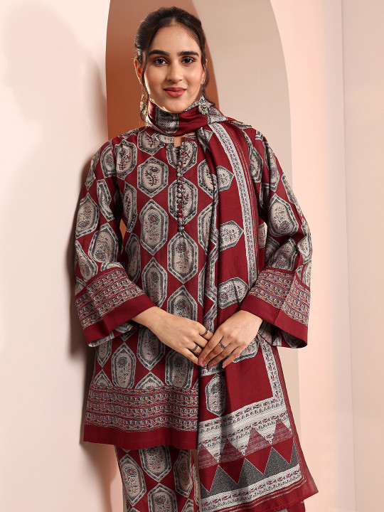 Libas Women Geometric Printed Kurta with Trouser & Dupatta