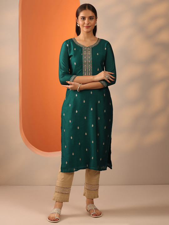 Gerua By Libas Ethnic Motifs Embroidered V-Neck Zari Straight Pure Silk Kurta