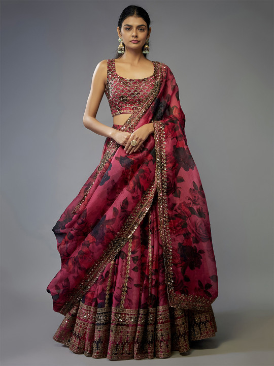 ETHNIC PLUS Printed Sequinned Semi-Stitched Lehenga & Unstitched Blouse With Dupatta