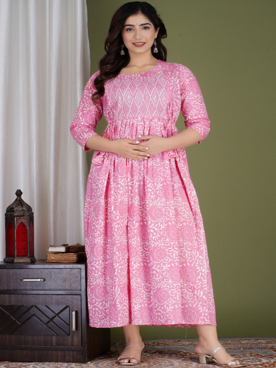 CLOTHYCORP Women Pink Cotton Kurtas
