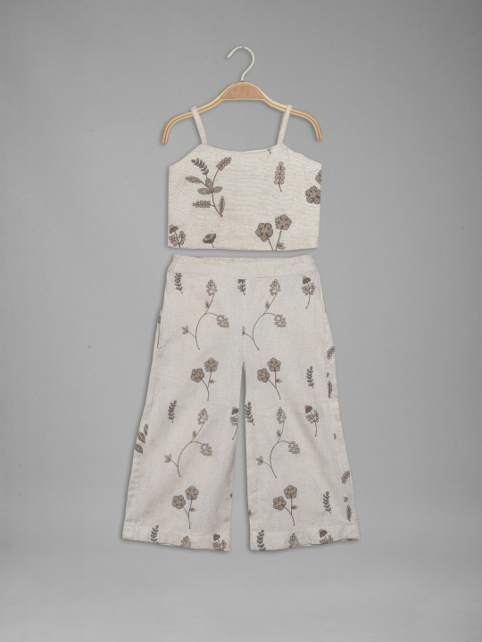 IRSIA Girls Floral Embroidered Cotton Crop Top and Palazzo Pant Set