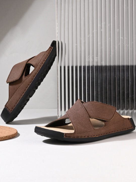 El Paso Men Lightweight Brown Cross Strap Comfort Sandals