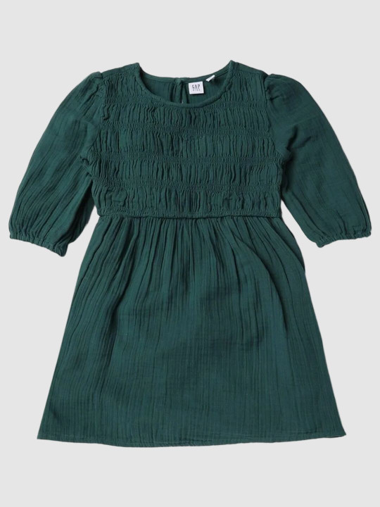 GAP Girls Pure Cotton Relaxed-Fit Round Neck Smocked Fit and Flare Dress