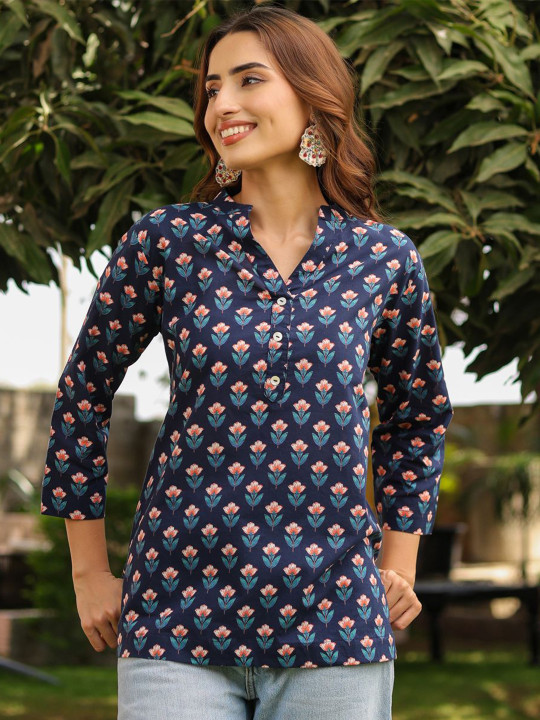 Rain & Rainbow Women Ethnic Motifs Mandarin Collar Pure Cotton Top