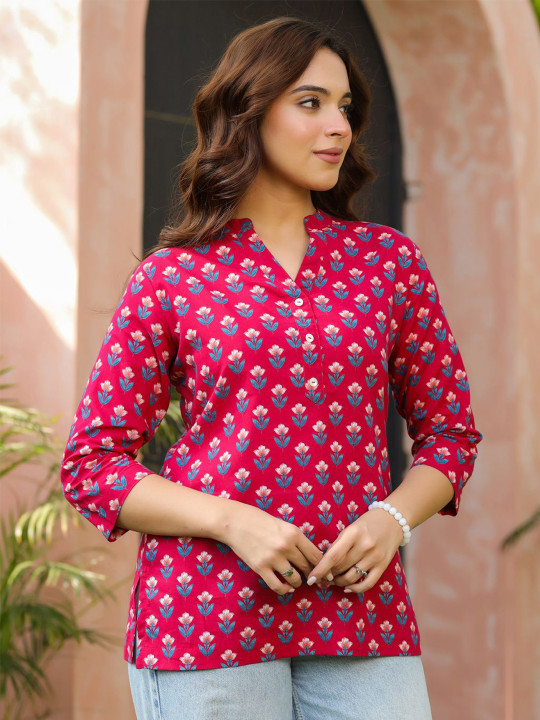 Rain & Rainbow Women Floral Printed Mandarin Collar A-Line Pure Cotton Kurti