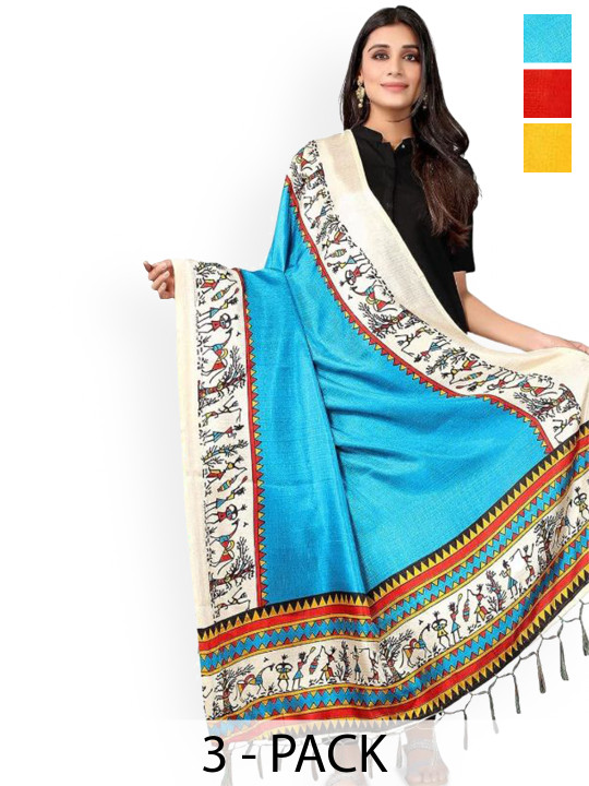 Kemza Selection Of 3 Ethnic Motifs Printed Cotton Silk Dupattas