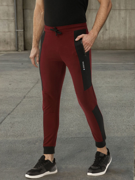 The Indian Garage Co Men Maroon Solid Joggers with Colorblocked Detail