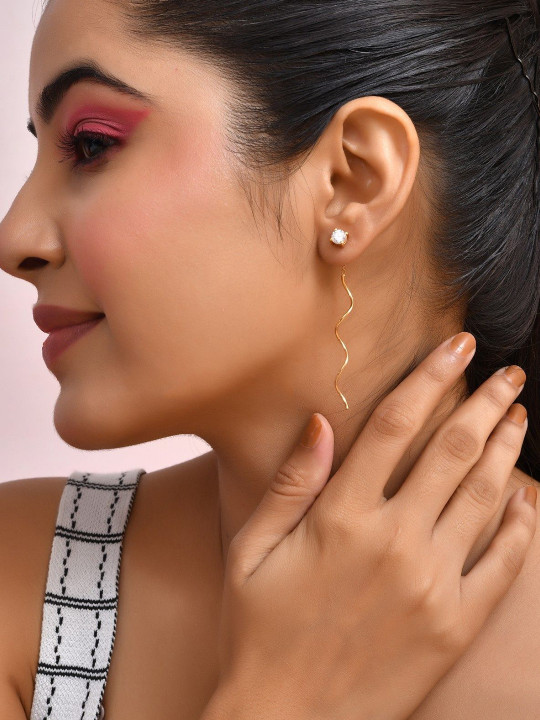WOOYOU 925 Sterling Silver Gold Plated Cubic Zirconia Studded Contemporary Drop Earrings