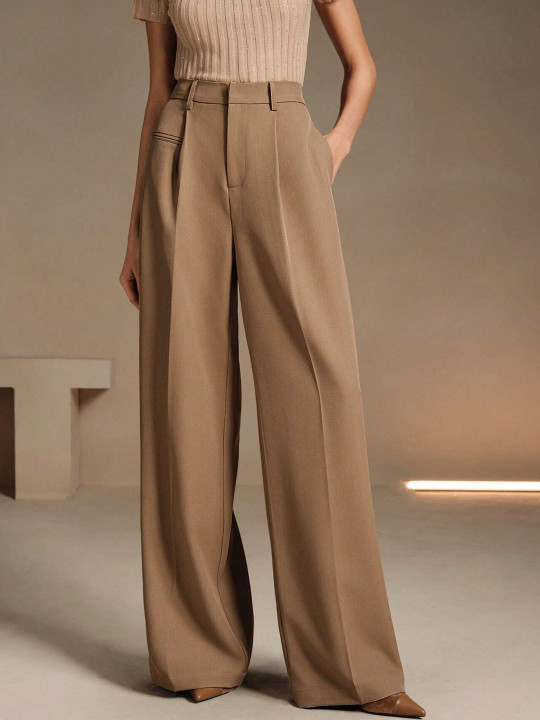 FNOCKS Women Relaxed Straight Leg High-Rise Pleated Trousers