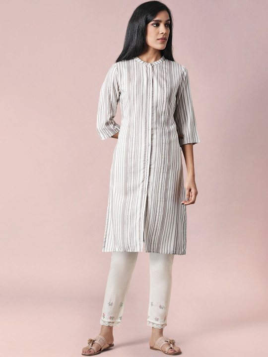 W Striped Thread Work Mandarin Collar Straight Kurta With Trousers