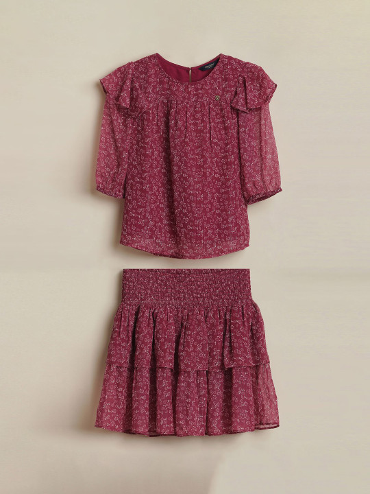 Allen Solly Junior Girls Printed Round Neck Top With Skirt