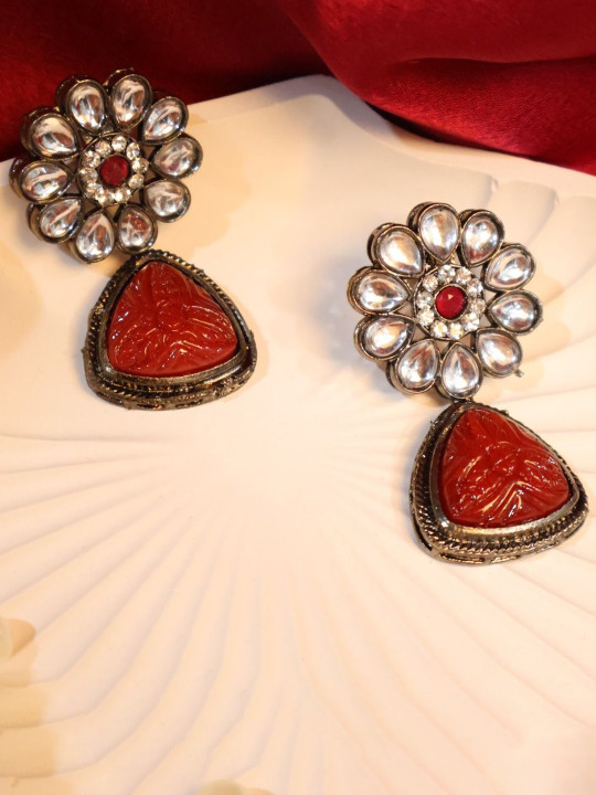 SIVA BY ANIKA Copper-Plated Artificial Stones Studded Floral Drop Earrings