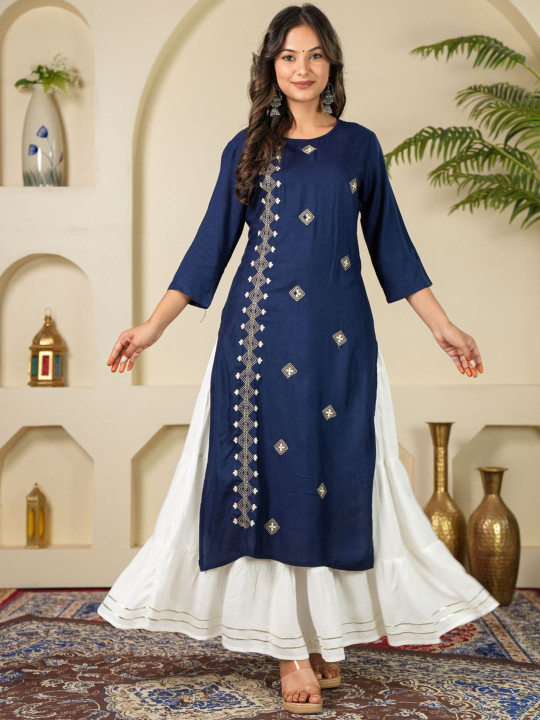 Mehsoos Geometric Printed Round Neck Straight Kurta With Skirt