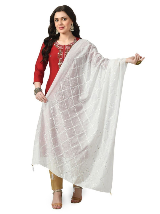 A R SILK DUPATTA HUB Geometric Embroidered Sequinned Chanderi Dupatta