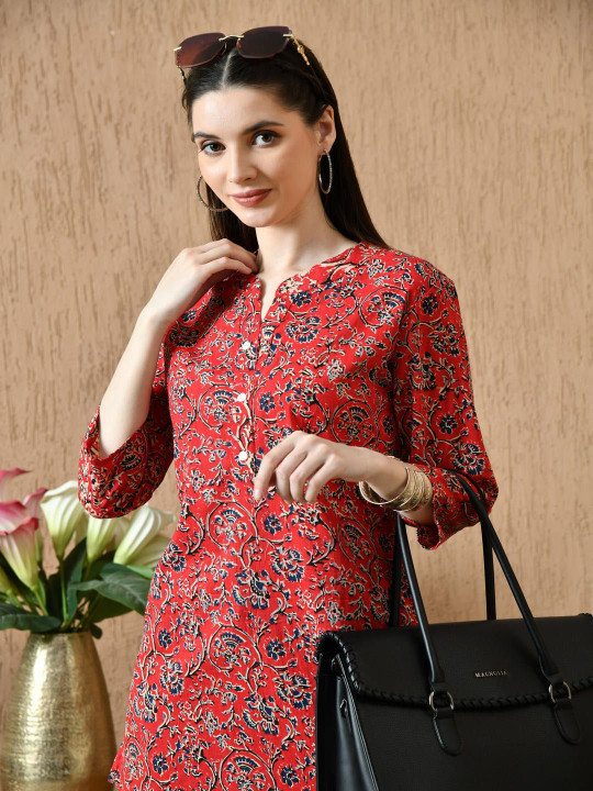Anouk Rustic Women Floral Printed Mandarin Collar Pure Cotton Kurti