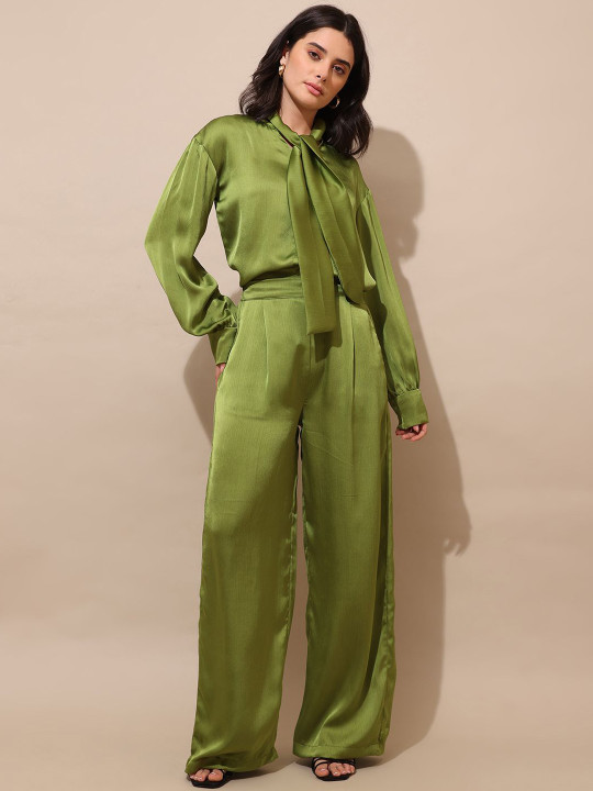 PURVAJA Women Tie Up Neck Shirt With Trousers Co-Ords