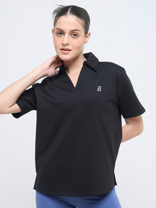 Hunnit Women Polo Neck Relaxed Fit Short Sleeves Solid Cotton Tshirts