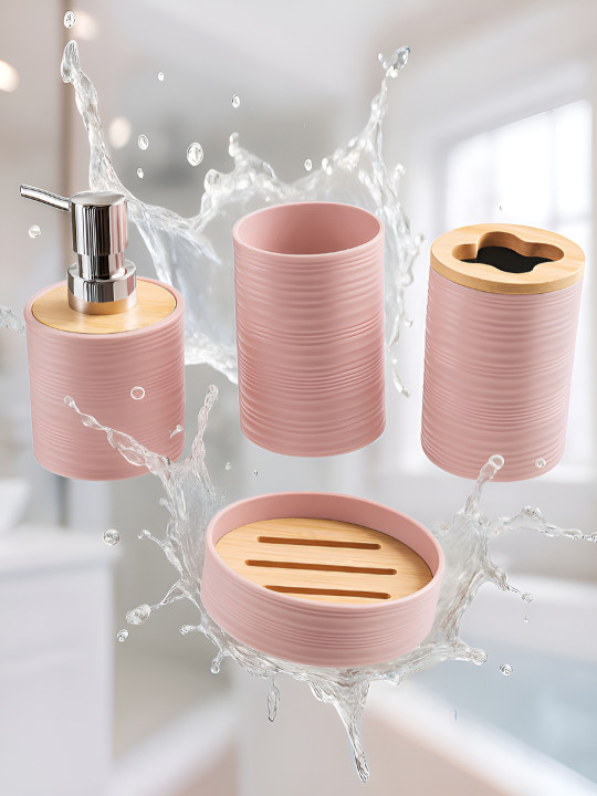 Peach-Coloured & Steel 4 Pieces Bathroom Accessories