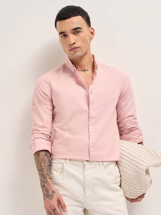 THE BEAR HOUSE Men Slim Fit Solid Button-Down Collar Pure Cotton Casual Shirt