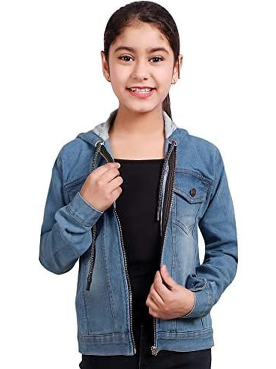 SQS Kids Girls Blue Lightweight Hooded Crop Denim Jacket