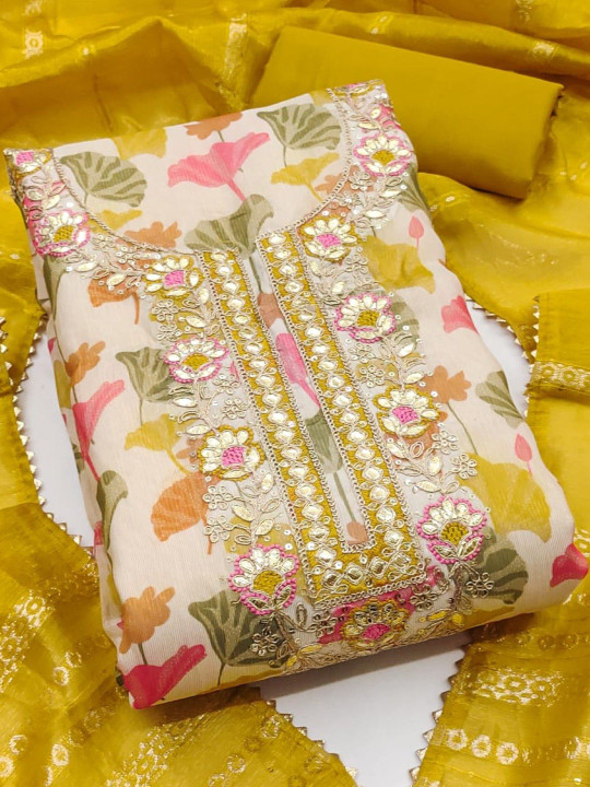 KALINI Mustard Soft Silk Sequence Embroidery Work Unstitched Dress Material