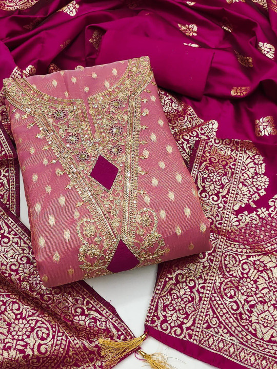 KALINI Pink Simmer Silk Jacquard With Embroidery Work Unstitched Dress Material