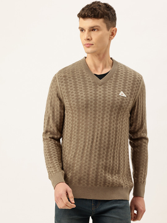 Monte Carlo Geometric Self design V-Neck Woollen Pullover