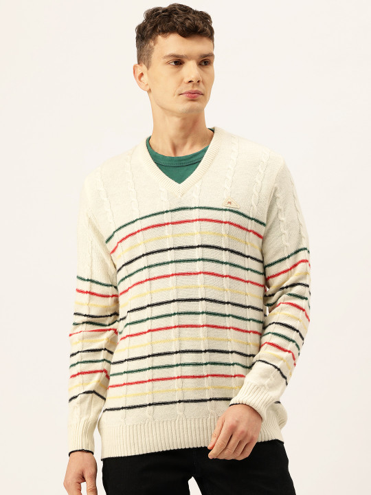 Monte Carlo Striped Cable Knit V-Neck Woollen Pullover