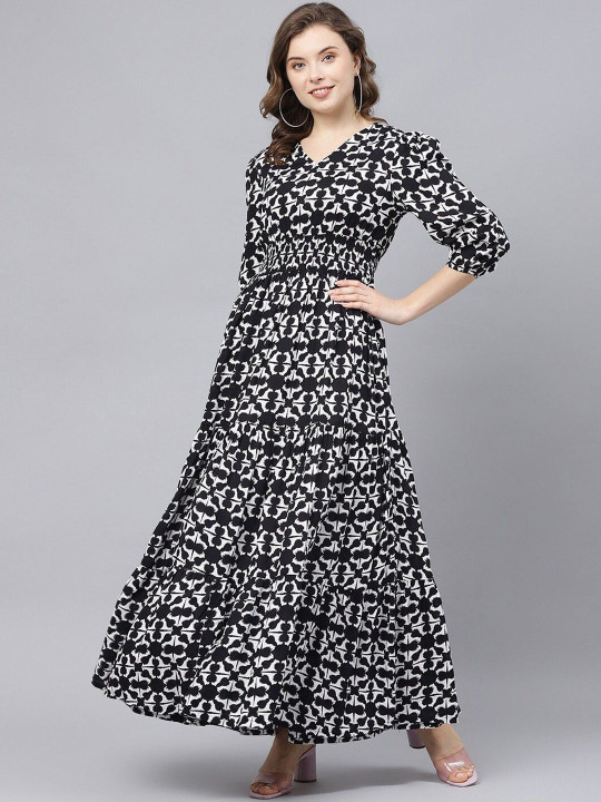 Femvy Floral Printed V-Neck Fit and Flare Maxi Dress