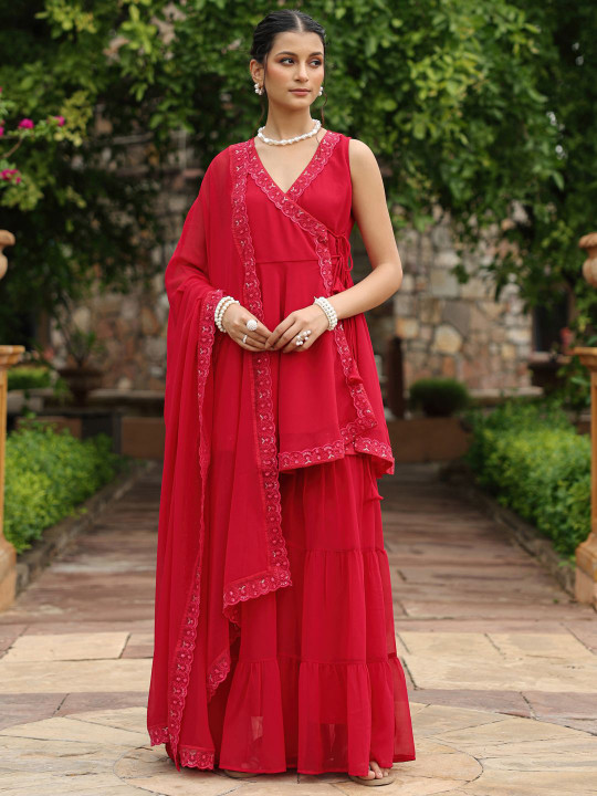 anayna Embroidered Angrakha V-Neck Thread Work Georgette Kurti With Sharara & Dupatta