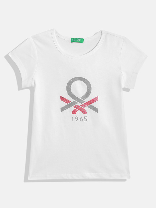 United Colors of Benetton Girls Brand Logo Printed Pure Cotton T-Shirt