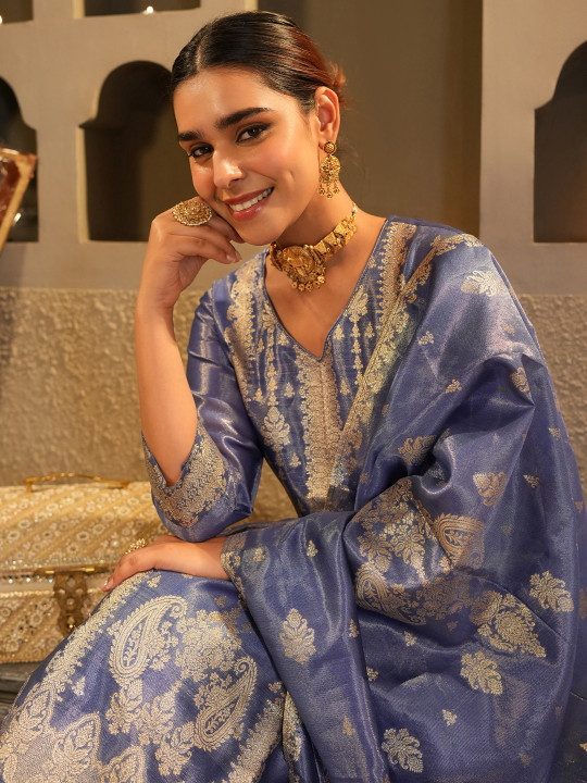Indo Era Floral Woven Design V-Neck Liva Zari Straight Kurta & Trousers With Dupatta