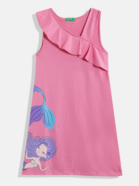 United Colors of Benetton Girls Ruffles Printed Pure Cotton Dress