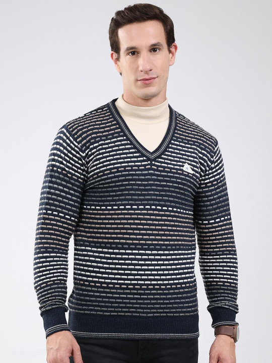 Monte Carlo Self Design Striped Woollen Pullover