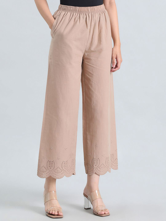 Go Colors Women Solid Wide Leg Cotton Hakoba Palazzos