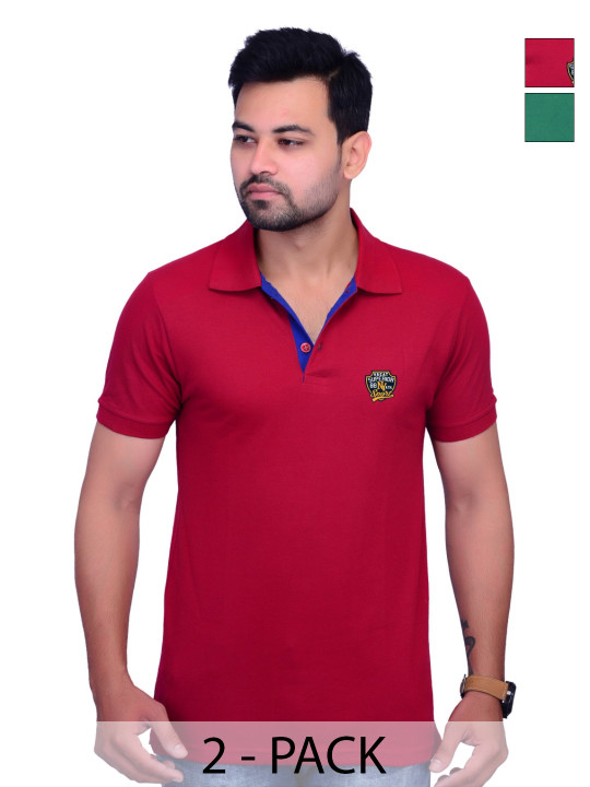 LA MILANO Men Pack of 2 Solid Polo Collar Cotton T-shirts