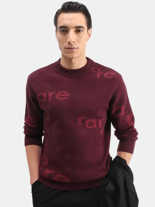 RARE RABBIT Men Chet Dark Maroon Printed Pullover