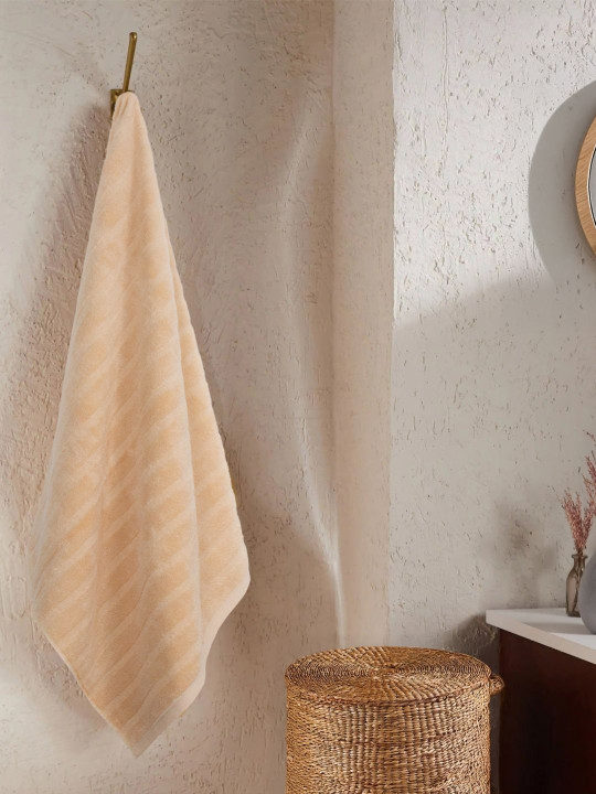 MYTRIDENT Beige & White Striped Cotton 400 GSM Bath Towel