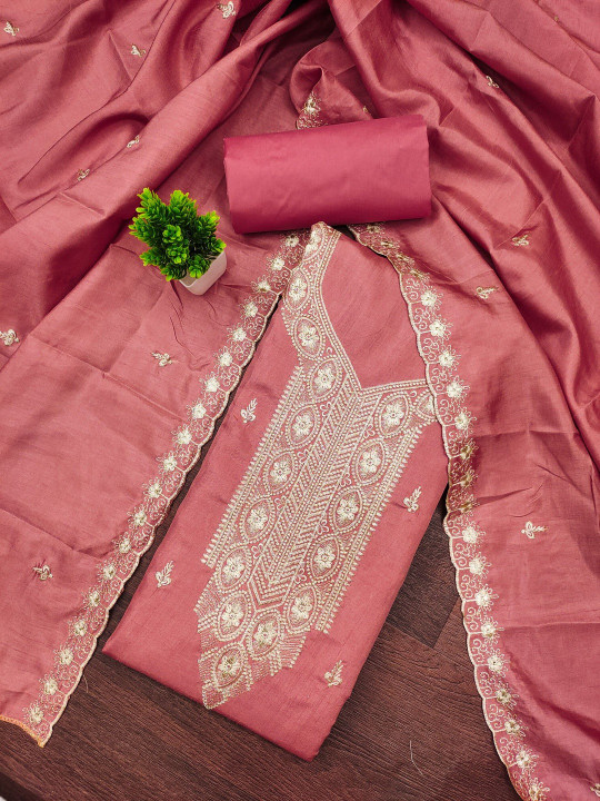 KALINI Women Peach Chanderi Cotton Embroidery Unstitched Dress Material