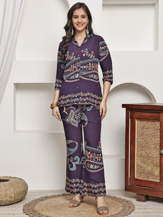 Claura Printed Chanderi Silk Tunic With Trousers