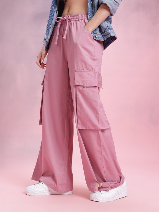 Women Mid Rise Wide Leg Pure Cotton Cargos with Buckle Detail