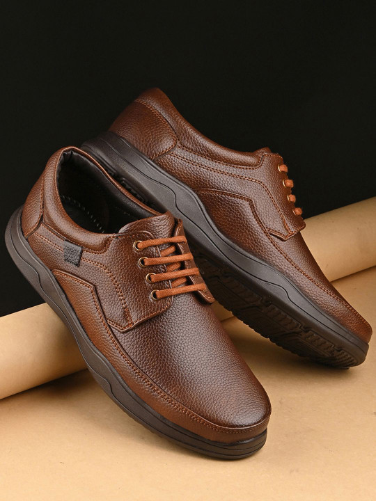 Mactree Men Leather Textured Lace-Ups Round Toe Sneakers