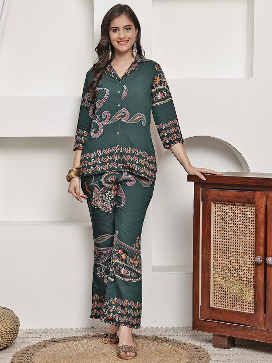 Claura Printed Shirt Collar Shirt With Trousers