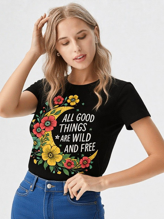 GAB Women Typography Printed Round Neck Cotton T-shirt