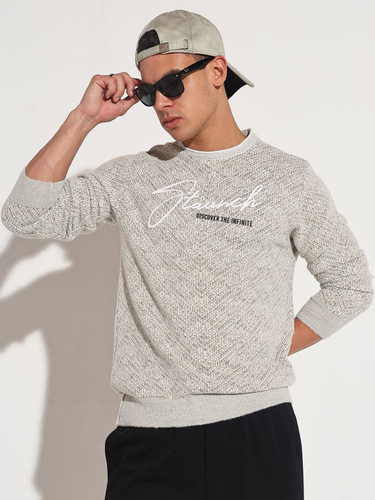 SHOWOFFFF Men Beige Typography Ribbed Round Neck Sweater