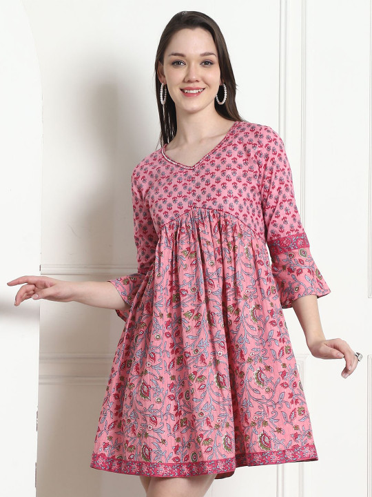 Merira Floral Printed Pure Cotton Fit & Flared Ethnic Dresses