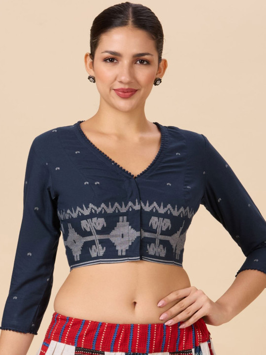 Studio Shringaar Women Printed V-Neck Temple Border Readymade Saree Blouse.
