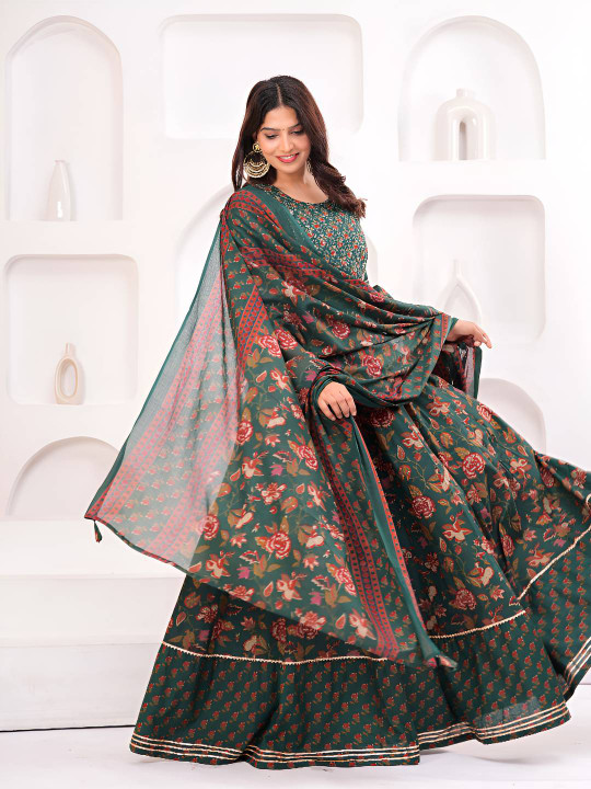 NYPA Women Floral Printed Regular Thread Work Pure Cotton Kurti Set With Dupatta