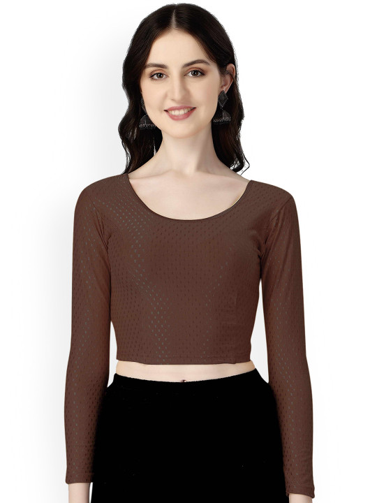 HERE&NOW Woven-Design Round Neck Stretchable Saree Blouse
